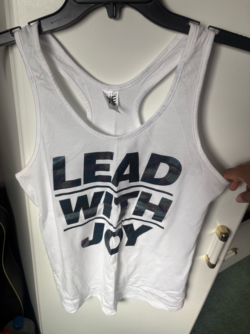 Zumba Fitness White Racerback Tank with Black Gradient 'Lead With Joy' Print